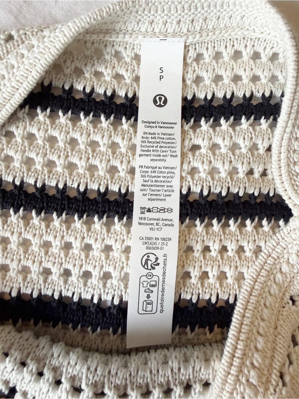 lululemon Cotton Crochet Pullover
Light Ivory / Black - size small - Picture 8 of 9